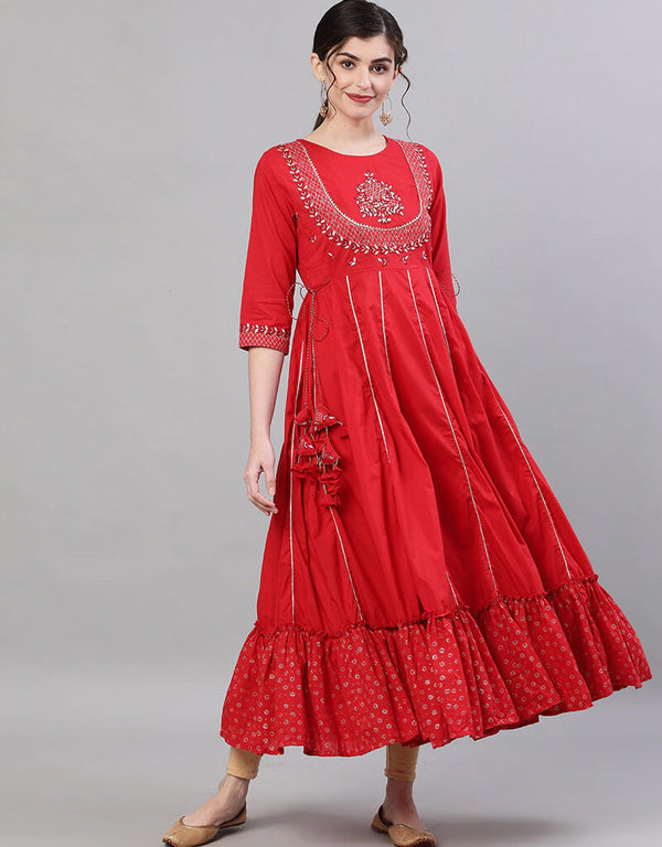 Red Viscose Rayon Anarkali Kurti