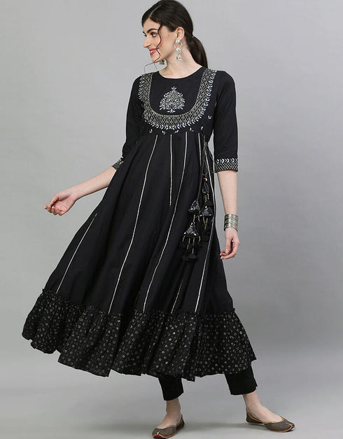 Black Cotton Anarkali Kurti