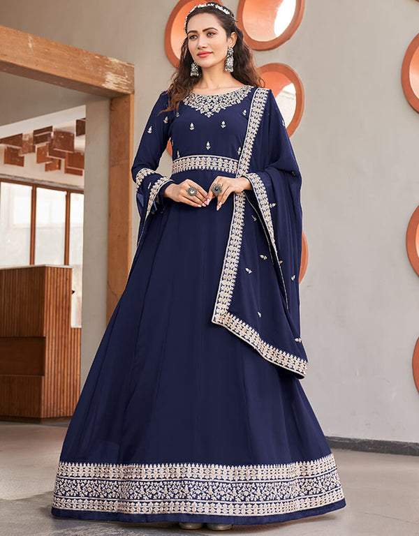 Blue Anarkali style Salwar Suit Designer Salwar Suit Salwar Kameez in Embroidery, Daimonds & Lace Work