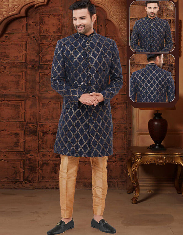Navy Blue Kurta Lucknowie Fabric Trouser