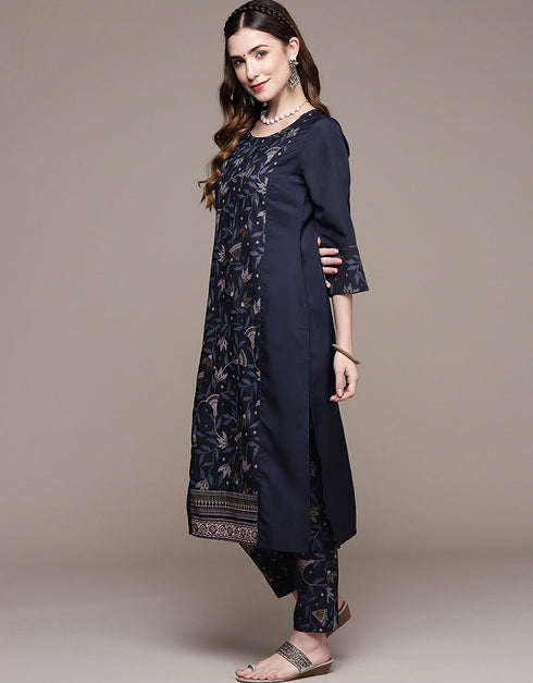 Blue Crepe Pant Straight Closure View