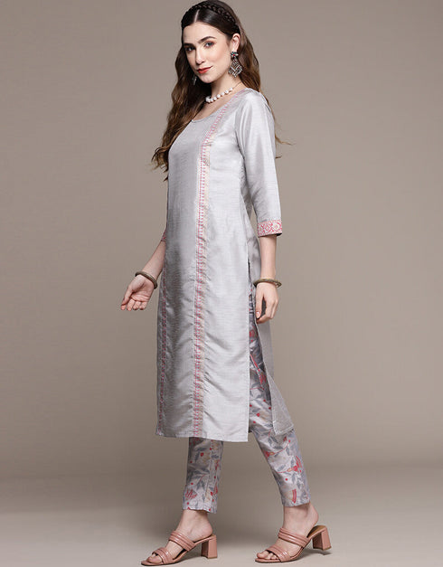 Grey Poly Silk Pant Straight Closure View