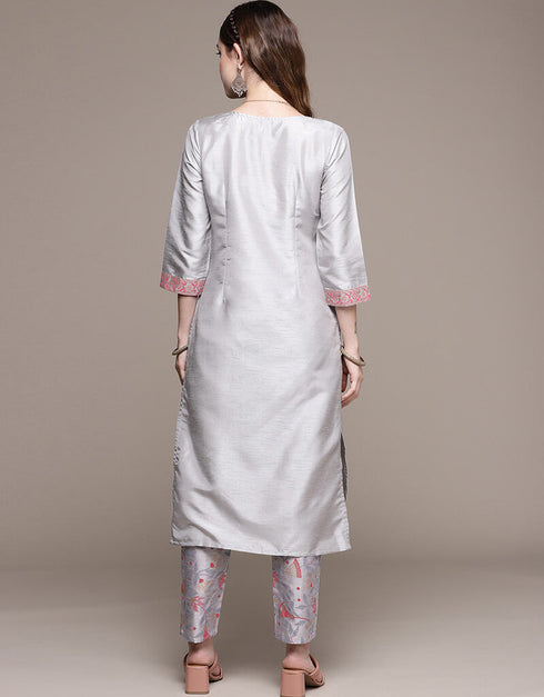 Grey Poly Silk Pant Straight Back View