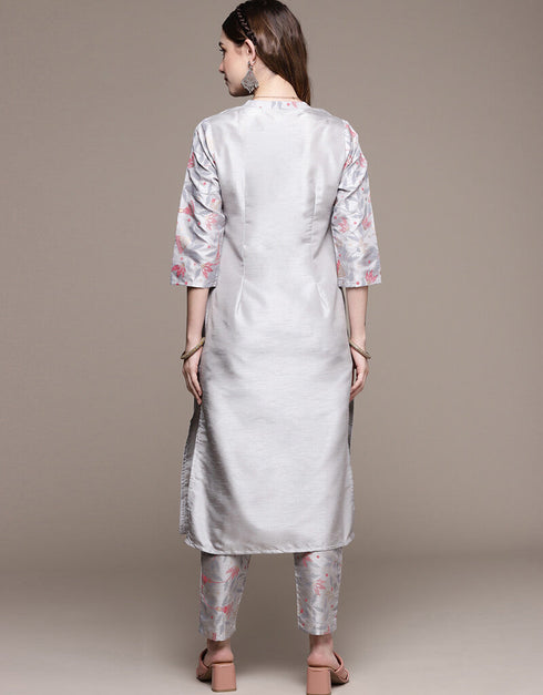 Grey Poly Silk Pant Straight Back View