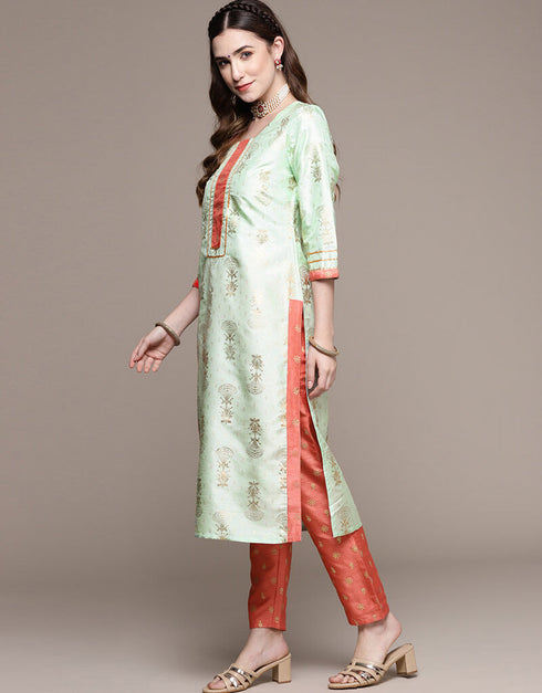 Green Poly Silk Pant Straight Closure View