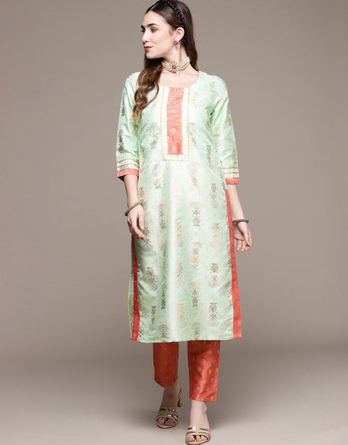 Green Poly Silk Pant Straight