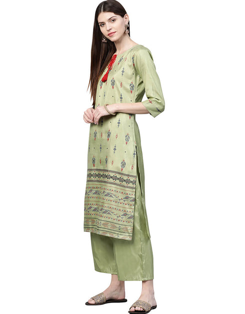 Green Poly Silk Pant Kurti Closure View