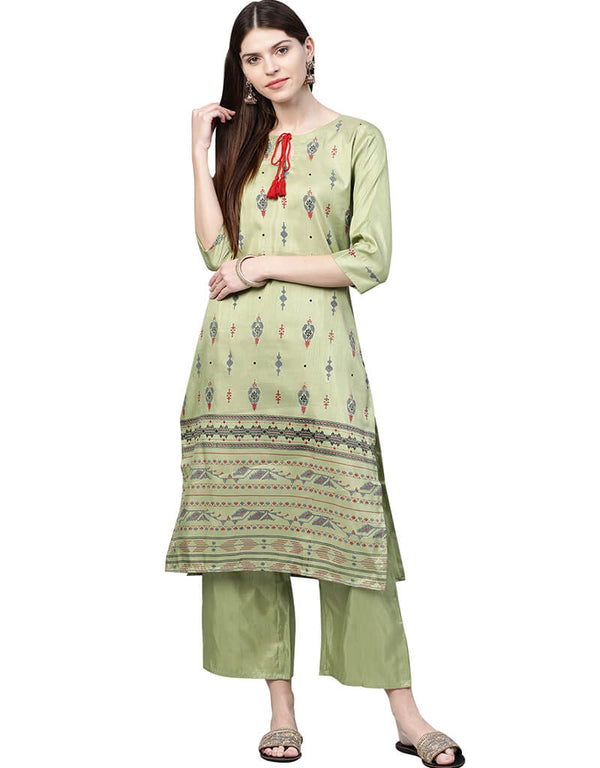 Green Poly Silk Pant Kurti