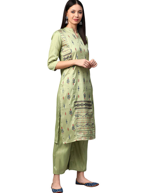 Green Poly Silk Pant Kurti Closure View