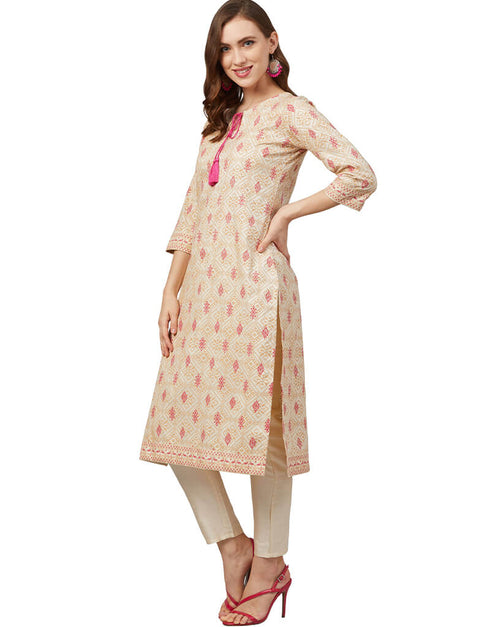 Beige Poly Silk Pant Kurti Closure View