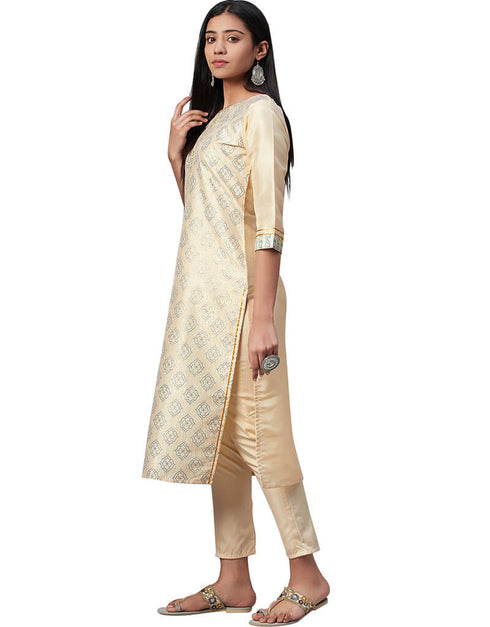 Beige Poly Silk Pant Kurti Closure View