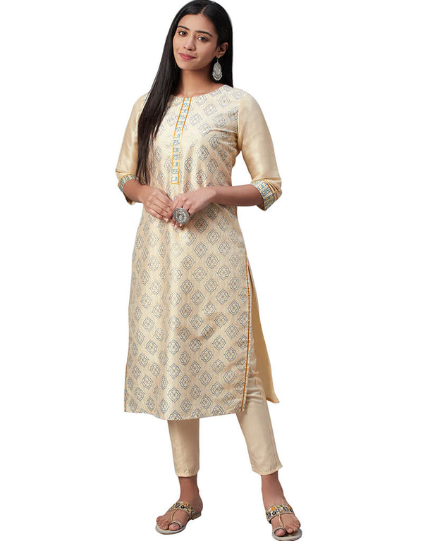 Beige Poly Silk Pant Kurti
