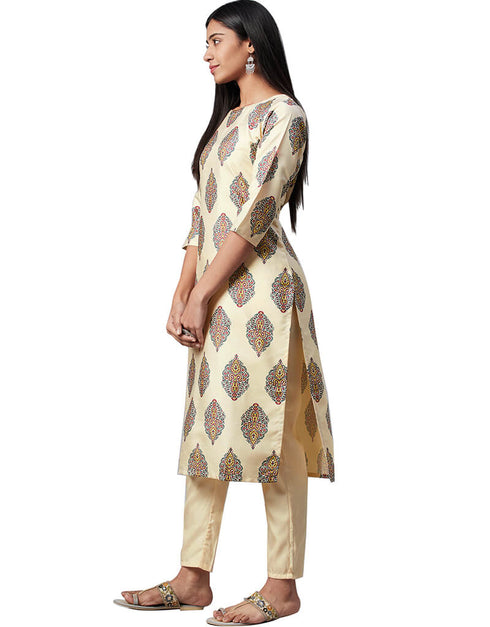 Beige Poly Silk Pant Kurti Closure View