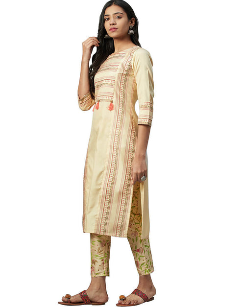 Beige Poly Silk Pant Suit Closure View