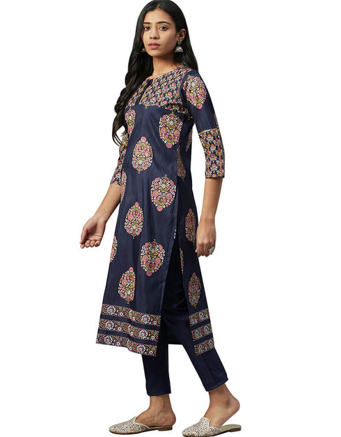 Blue Poly Silk Pant Suit Closure View