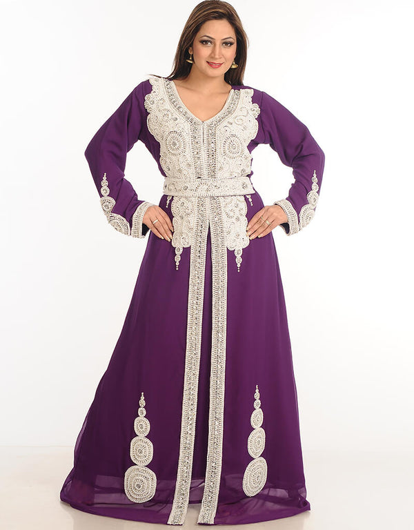 Arabic Red Georgette Hand Zari Embroidery Galabiya