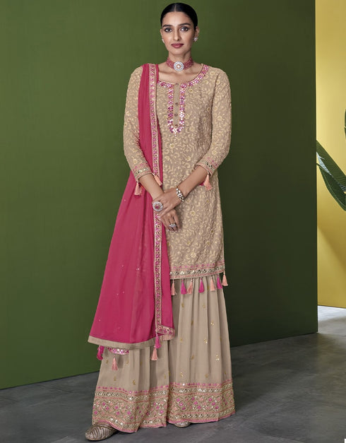 Beige Sharara style Suit Faux Georgette Salwar Kameez in Swarovski Embroidery, Sequins & Lace Work