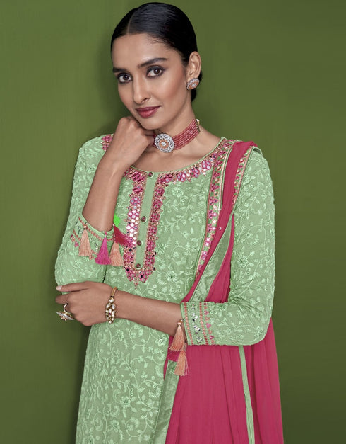 Pista Green Sharara style Suit Faux Georgette Salwar Kameez in Swarovski Embroidery, Sequins & Lace Work Closure View