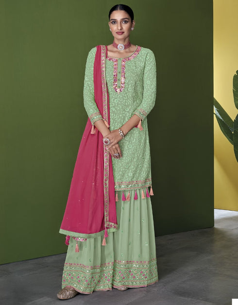 Pista Green Sharara style Suit Faux Georgette Salwar Kameez in Swarovski Embroidery, Sequins & Lace Work