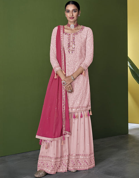 Light Pink Sharara style Suit Faux Georgette Salwar Kameez in Swarovski Embroidery, Sequins & Lace Work