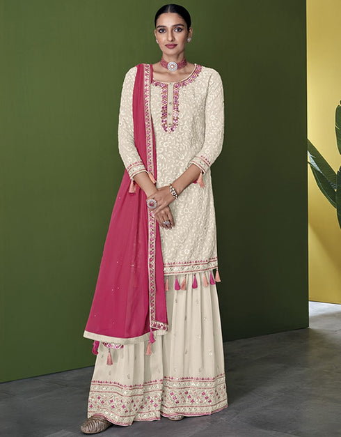 Ivory Sharara style Suit Faux Georgette Salwar Kameez in Swarovski Embroidery, Sequins & Lace Work