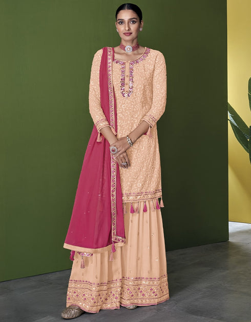Peach Sharara style Suit Faux Georgette Salwar Kameez in Swarovski Embroidery, Sequins & Lace Work