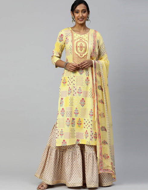 Yellow Pure Cotton Sharara Salwar Suit