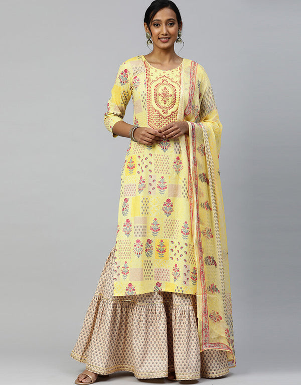 Yellow Pure Cotton Sharara Salwar Suit