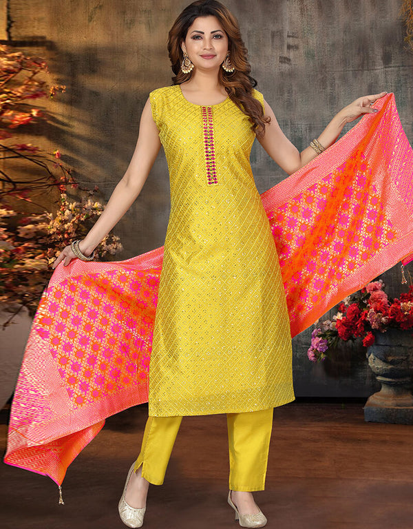 Yellow Chanderi Silk Pant Salwar Suit