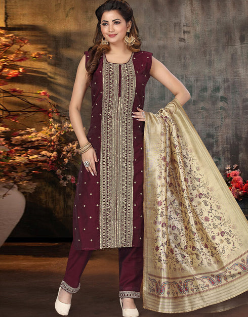Maroon Chanderi Silk Pant Salwar Suit