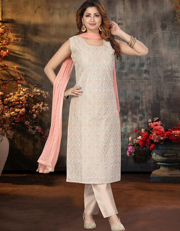 White Chanderi Silk Pant Salwar Suit