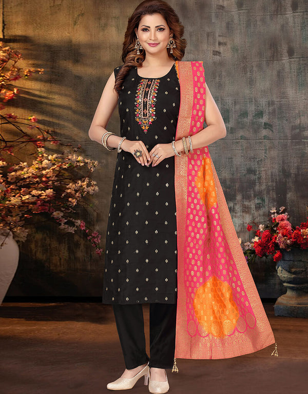 Black Chanderi Silk Pant Salwar Suit