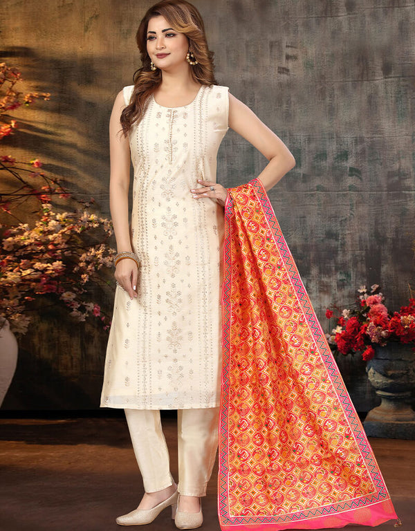White Chanderi Silk Pant Salwar Suit
