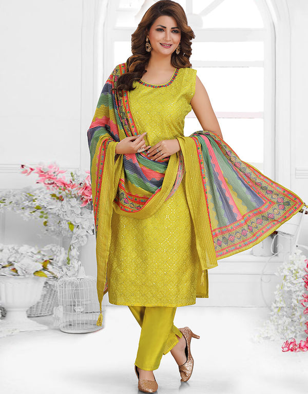 Yellow Chanderi Silk Pant Salwar Suit