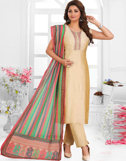 Beige Chanderi Silk Pant Salwar Suit