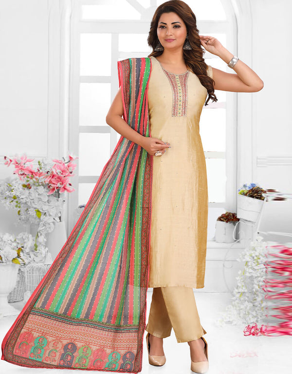 Beige Chanderi Silk Pant Salwar Suit