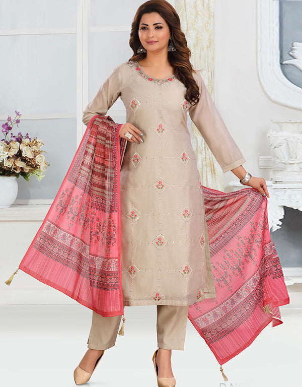 Brown Chanderi Silk Pant Salwar Suit