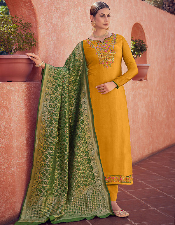 Mustard Tusser Satin Butti Palazzo Straight Long