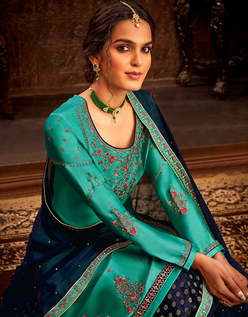 Sea Green Modal Satin Lehenga Salwar Suit Closure View