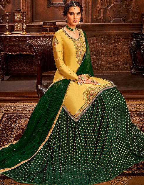Light Mustard Modal Satin Lehenga Salwar Suit Back View
