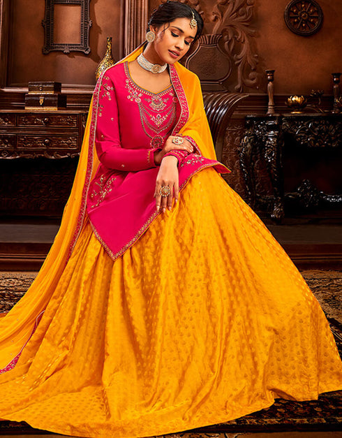Pink Modal Satin Lehenga Salwar Suit Back View