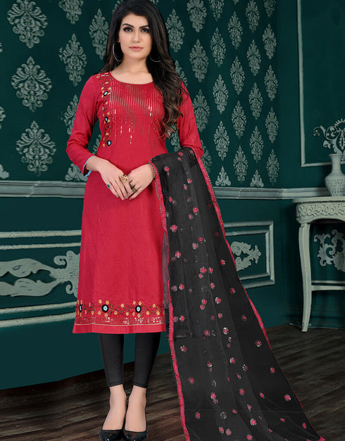 Red Glace Cotton Chudidar Salwar Suit