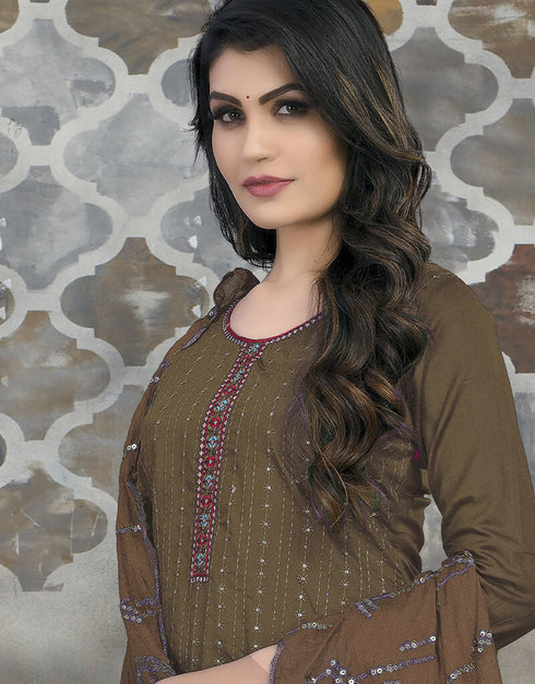 Brown Glace Cotton Chudidar Salwar Suit Closure View