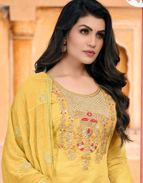 Yellow Modal Chanderi Chudidar Salwar Suit Closure View