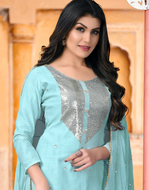 Sky Blue Modal Chanderi Chudidar Salwar Suit Closure View
