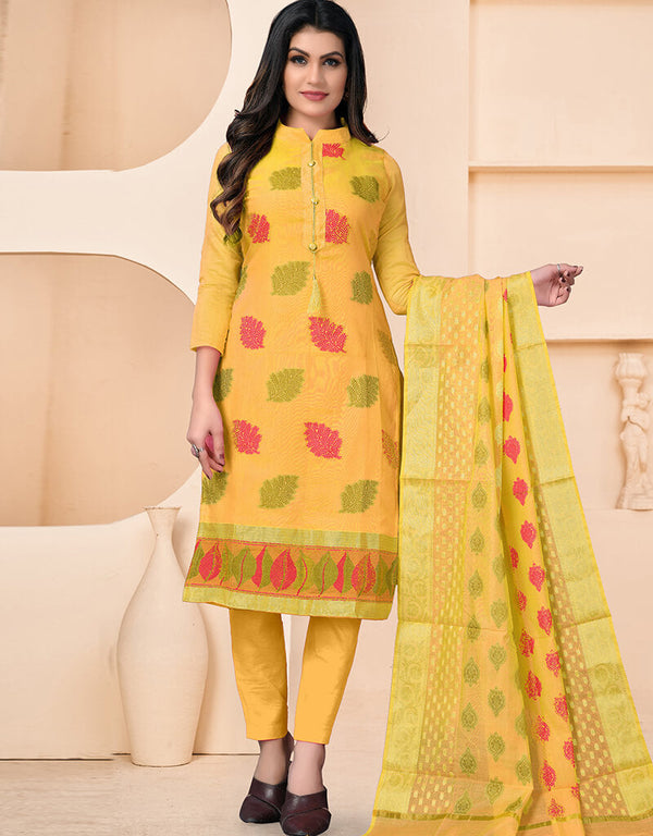 Yellow Banarasi Jacquard Chudidar Salwar Suit