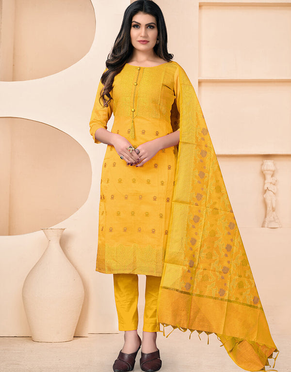 Yellow Banarasi Jacquard Chudidar Salwar Suit