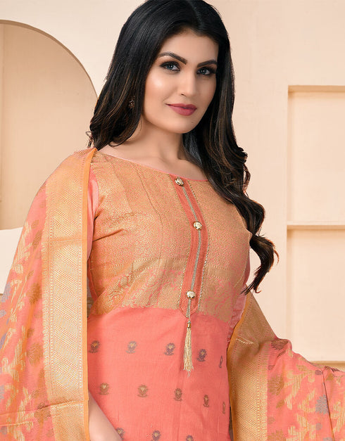 Peach Banarasi Jacquard Chudidar Salwar Suit Closure View