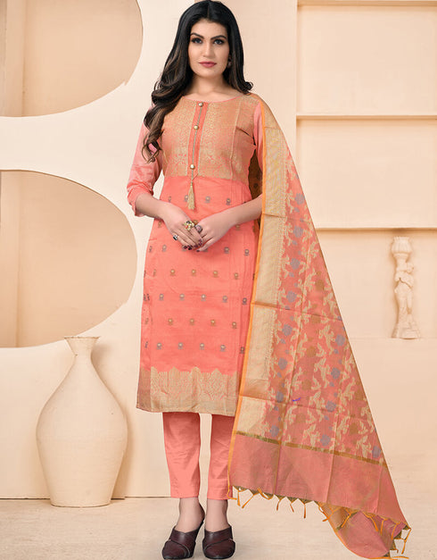 Peach Banarasi Jacquard Chudidar Salwar Suit