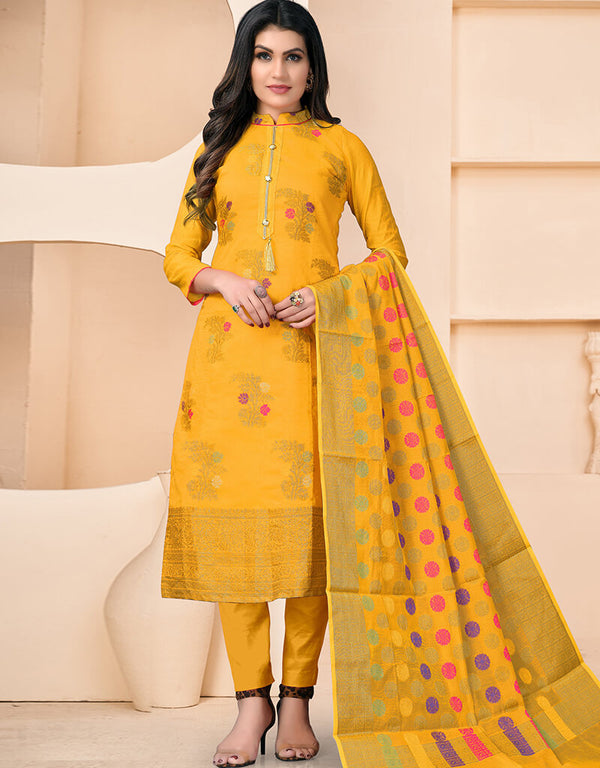 Yellow Banarasi Jacquard Chudidar Salwar Suit